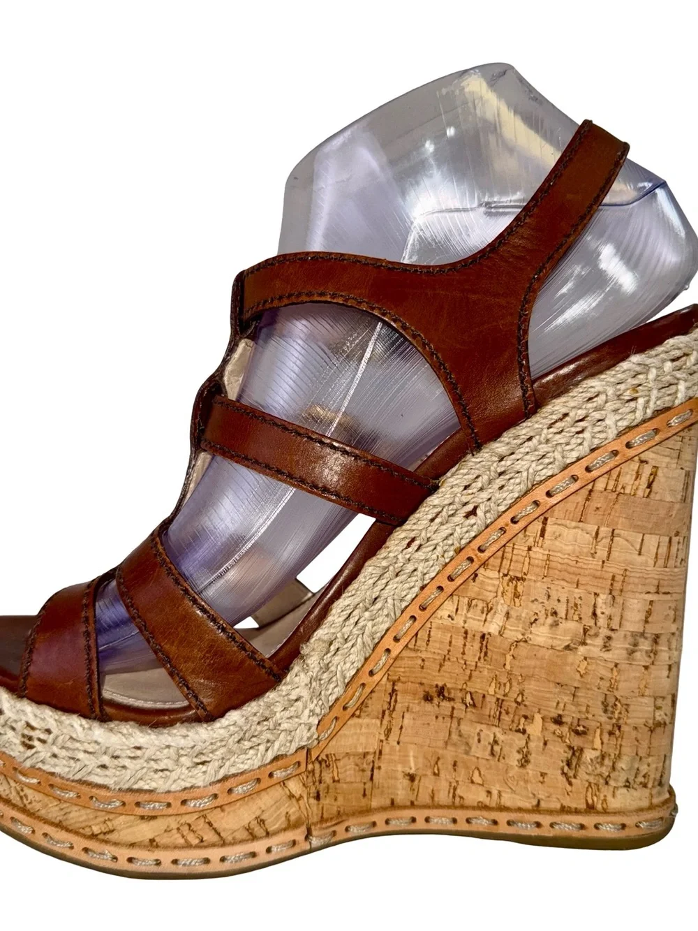 PRADA BROWN LEATHER STRAPPY SANDALS WITH CORK WEDGE HEELS